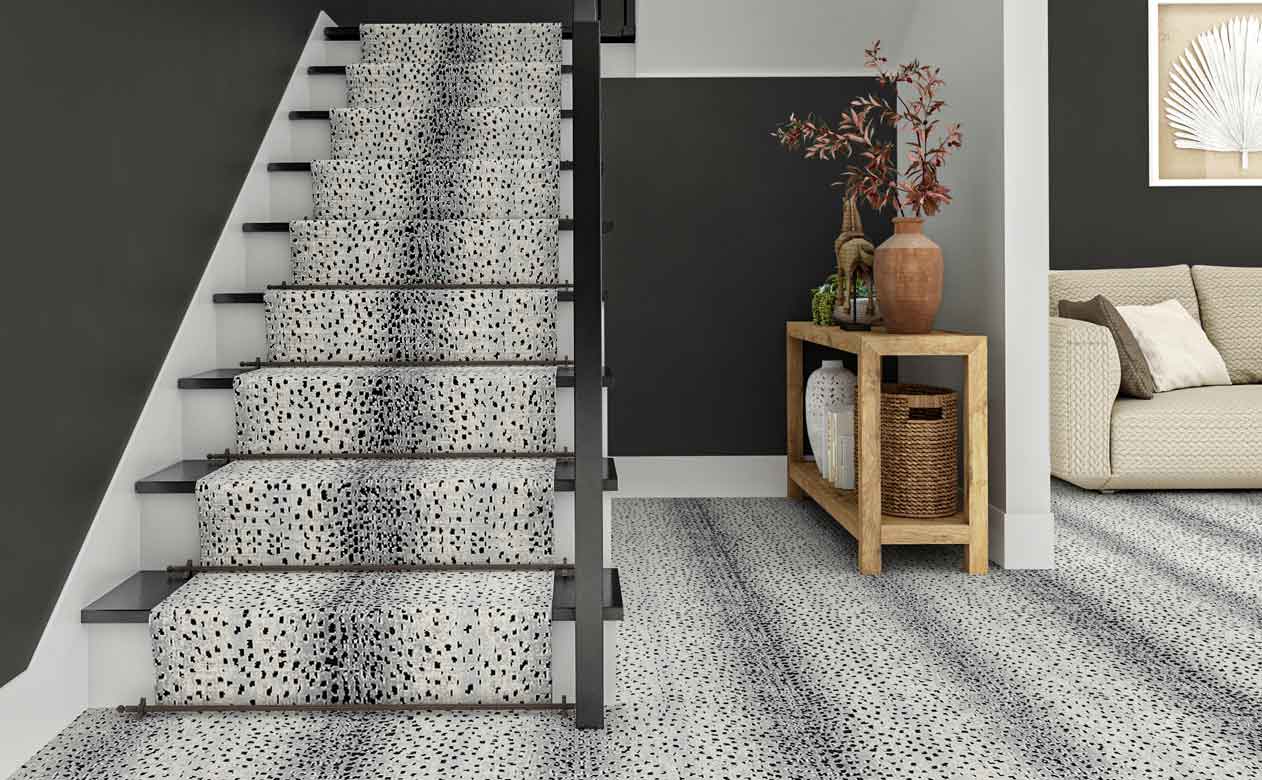 black and white animal print stair runner and carpet